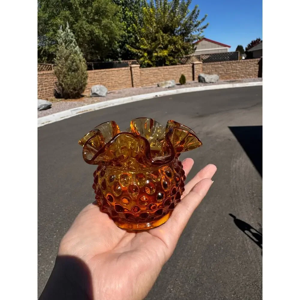 Fenton Art Glass Colonial Amber Hobnail mini vase double crimped ruffled rim 70s